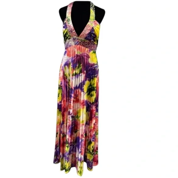 Vintage Beaded Halter Dress Y2K Watercolor Maxi Formal Fairy Sparkle Pink Prom - Picture 4 of 15